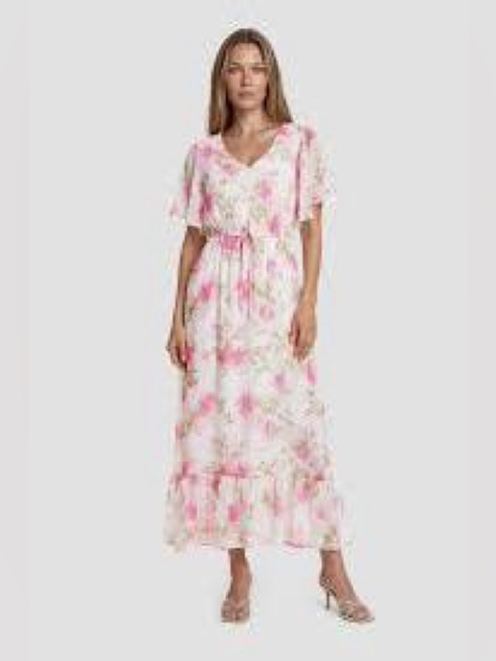 Floral Pink V-Neck Tie-Waist Maxi Dress